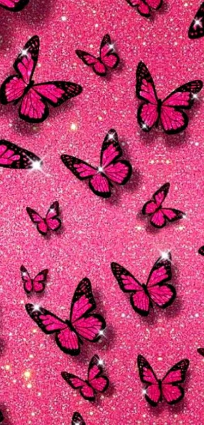 Pink glitter wallpaper with butterflies