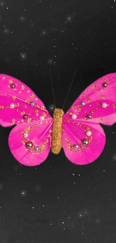 Pink butterfly with golden details on a dark background.