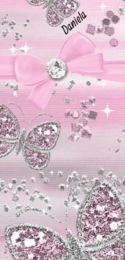 Sparkling pink butterflies with glitter and a bow.