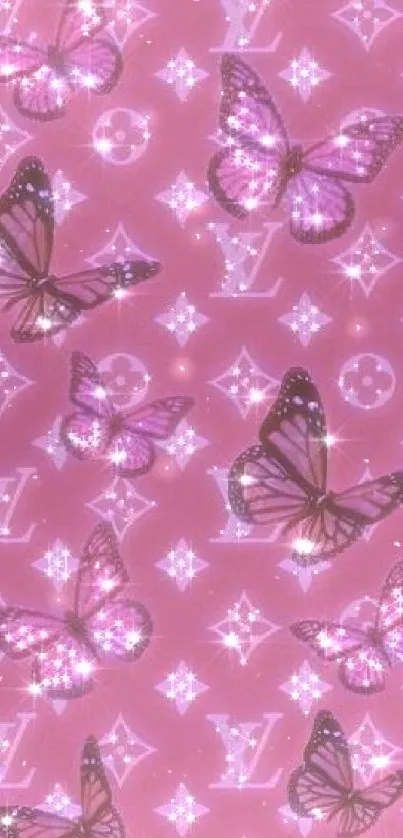 Sparkling pink butterflies with a luxury pattern background.