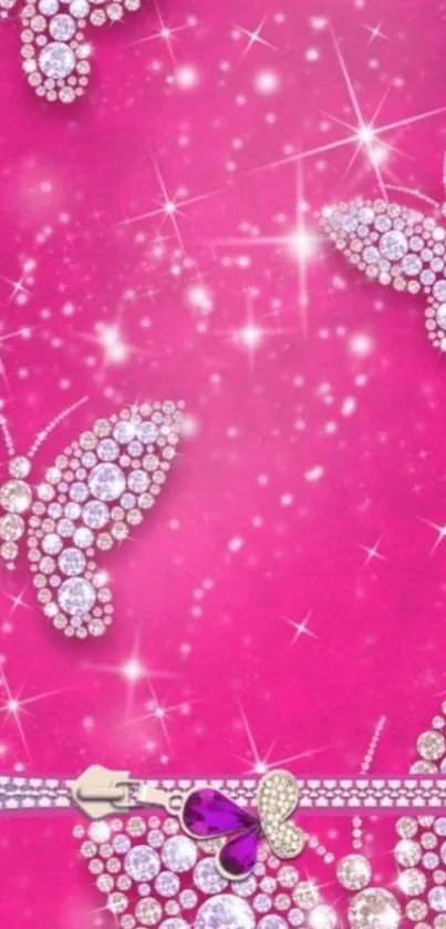 Pink wallpaper with sparkling butterflies and crystals.