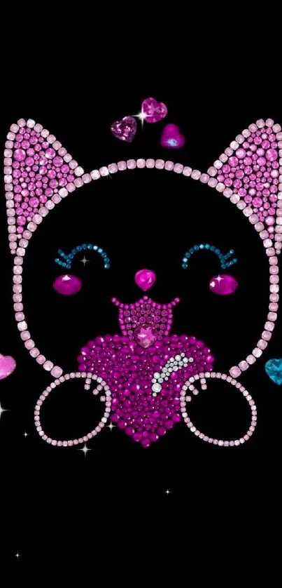 Sparkling pink cat design with gemstones on a black background.