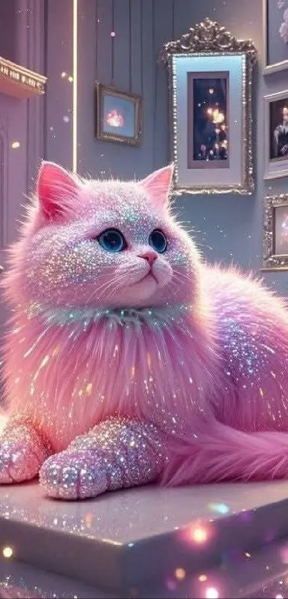 Sparkling pink cat with glitter in a dreamy, elegant room setting.