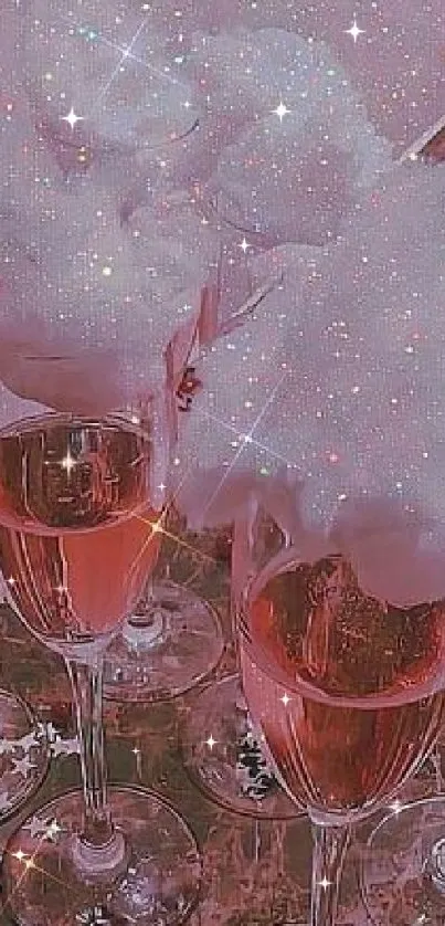 Pink champagne glasses with cotton candy clouds.