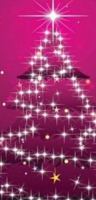 Sparkling pink Christmas tree with starry lights on a festive background.