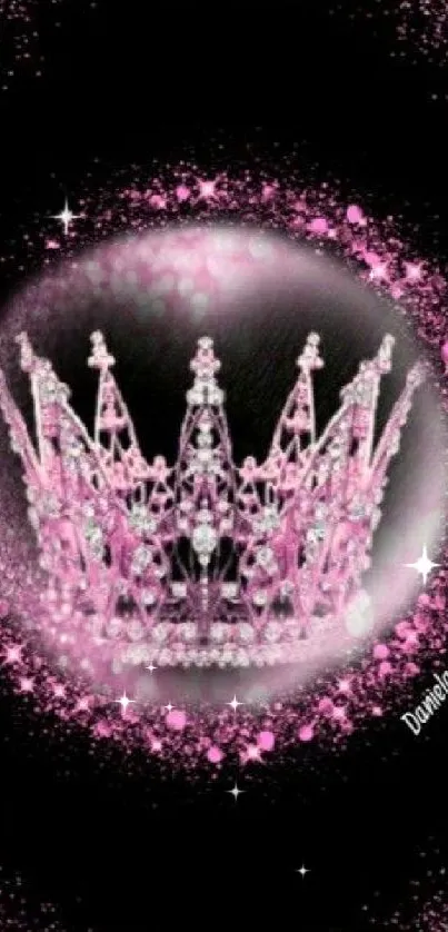 Pink sparkling crown illustration on a black background wallpaper.