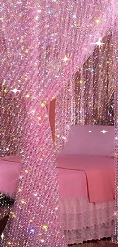 Luxurious bedroom with pink sparkling curtains.