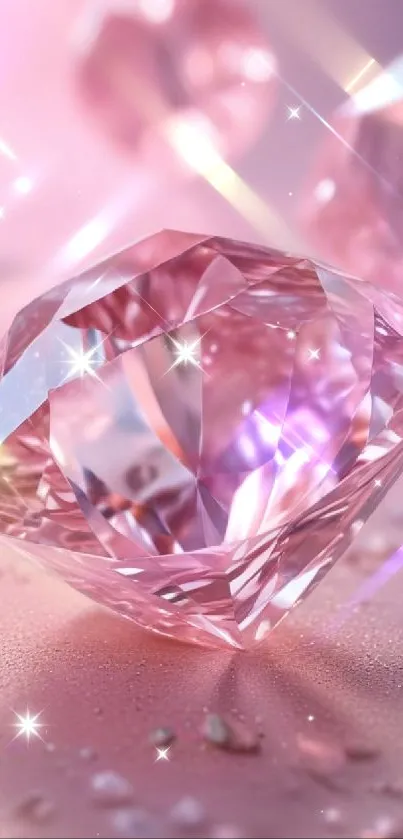 Sparkling pink diamond close-up with reflections and light effects.