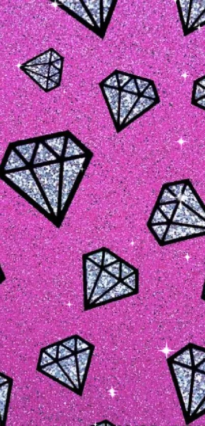 Pink wallpaper with black diamond outlines and glittery accents.