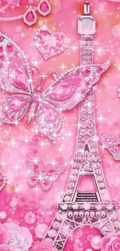 Pink Eiffel Tower with butterflies and hearts on mobile wallpaper.