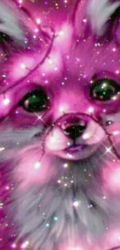 Enchanting pink fox with sparkling lights in magical wallpaper.