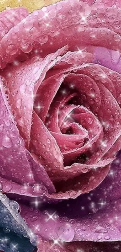 Sparkling pink rose mobile wallpaper with water droplets.