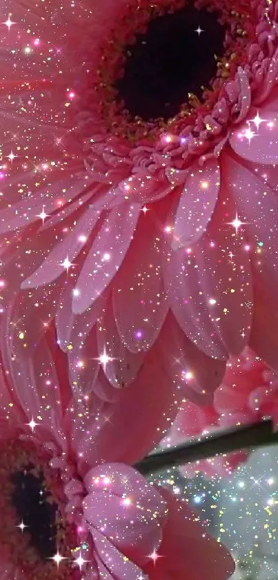 Pink flowers with sparkling glitter effects for a stunning mobile background.