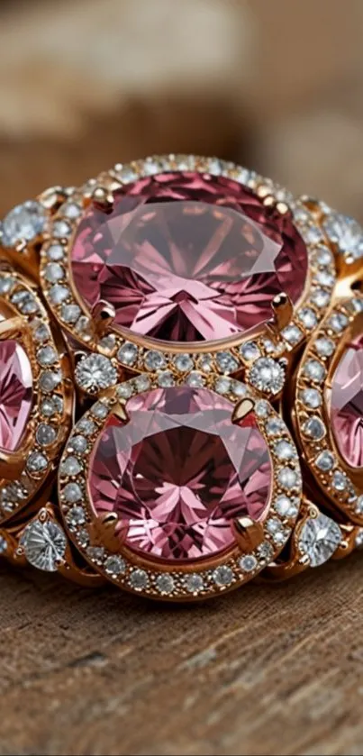 Sparkling pink gemstone ring with diamonds on a wooden surface.