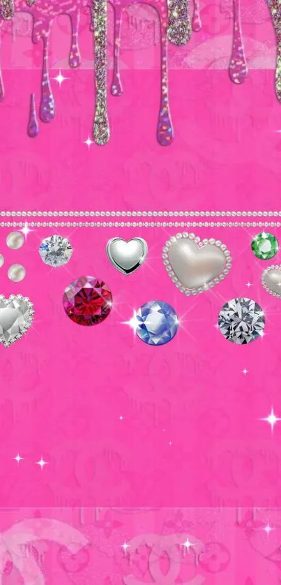 Vibrant pink wallpaper with sparkling gemstones and heart designs.