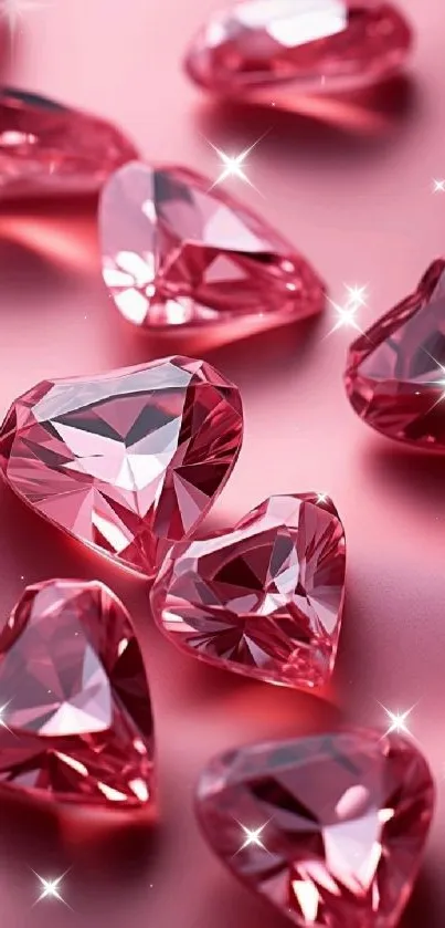 Heart-shaped pink gemstones with a sparkling effect on a pink background.