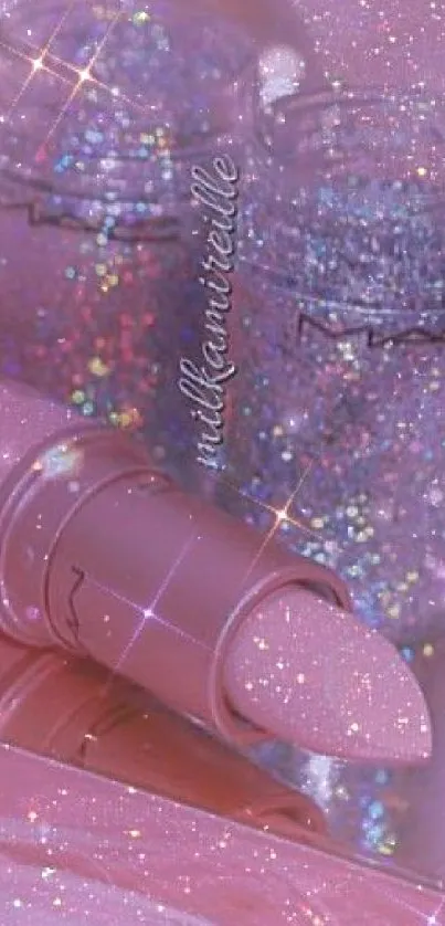 Sparkling pink makeup and glitter aesthetic wallpaper.