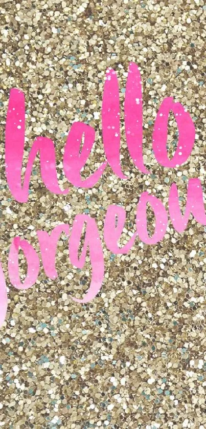 Glamorous wallpaper with pink text on golden glitter.