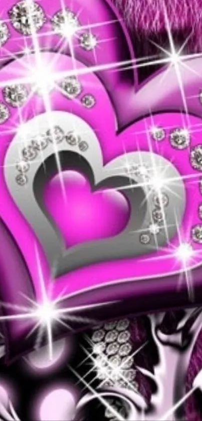 Sparkling pink heart with silver accents and crystals.