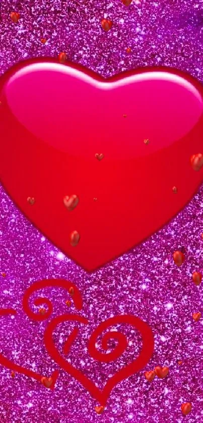 Mobile wallpaper with sparkling pink background and bright red hearts.