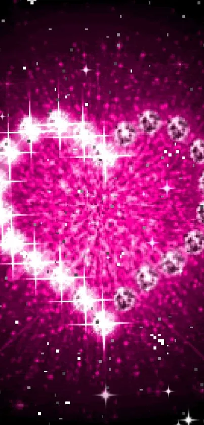 Glittering pink heart with jewels on a vibrant background.