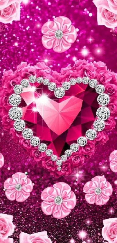 Sparkling pink heart and roses wallpaper.