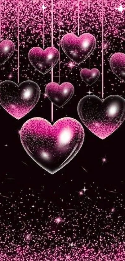 Mobile wallpaper with sparkling pink hearts against a dark background.