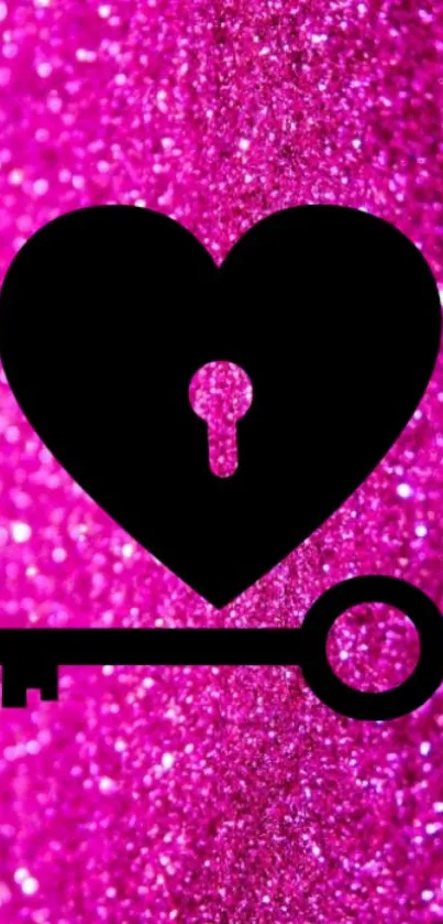 Pink glitter background with black heart and key design.