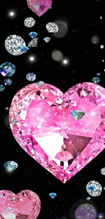 Sparkling pink heart gemstones on black background.