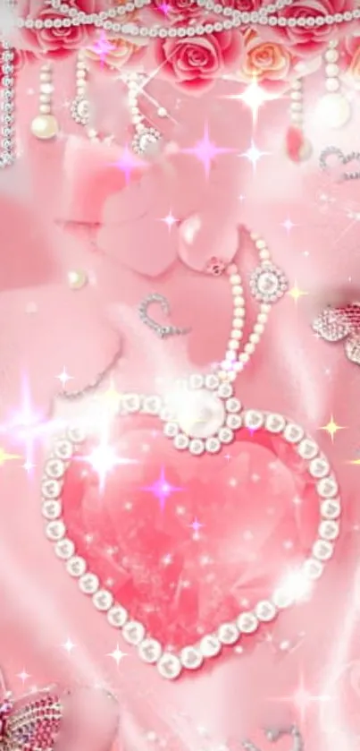 Sparkling pink heart wallpaper with jewels and butterflies.