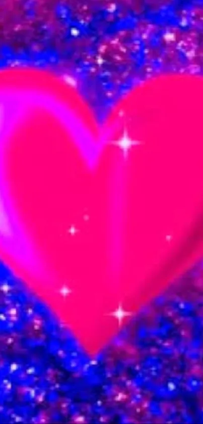 Sparkling pink heart on vibrant glitter background.