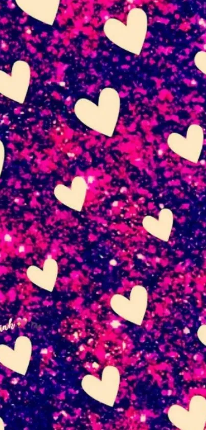 Pink glittery wallpaper with scattered yellow hearts.