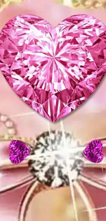 Sparkling heart with diamonds on pink background.