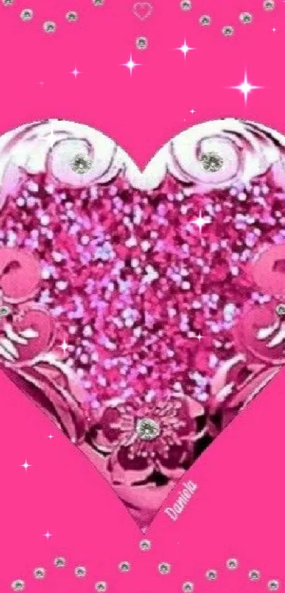 Sparkling pink heart wallpaper with glitter design.