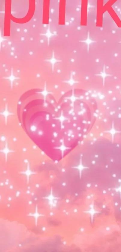 Pink heart wallpaper with sparkles and stars.