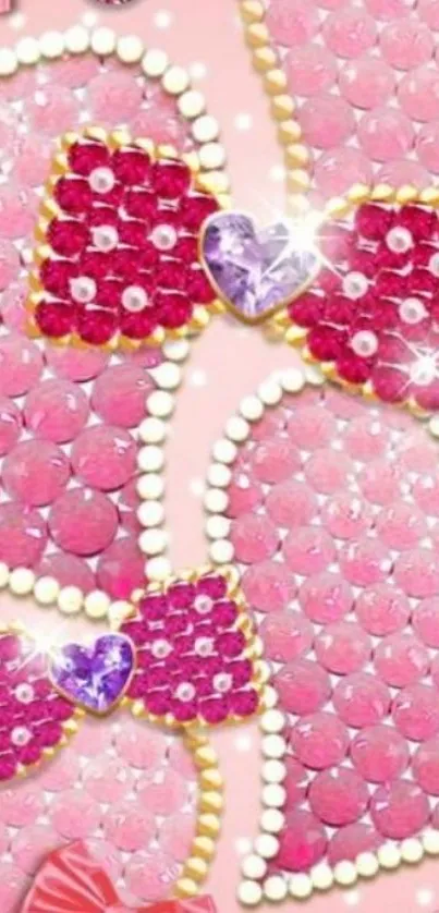 Glamorous pink heart wallpaper with gems and bows.