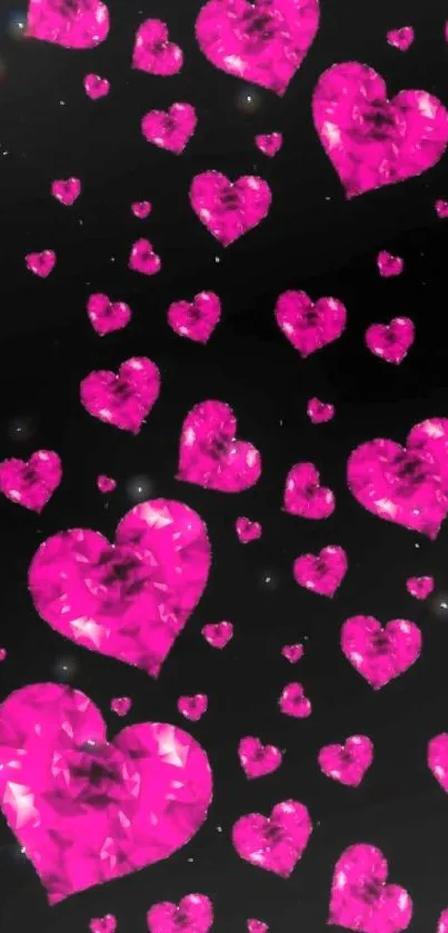 Vibrant pink hearts on a black background, creating a sparkling mobile wallpaper.