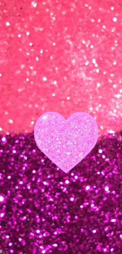 Sparkling pink heart on a glitter background.