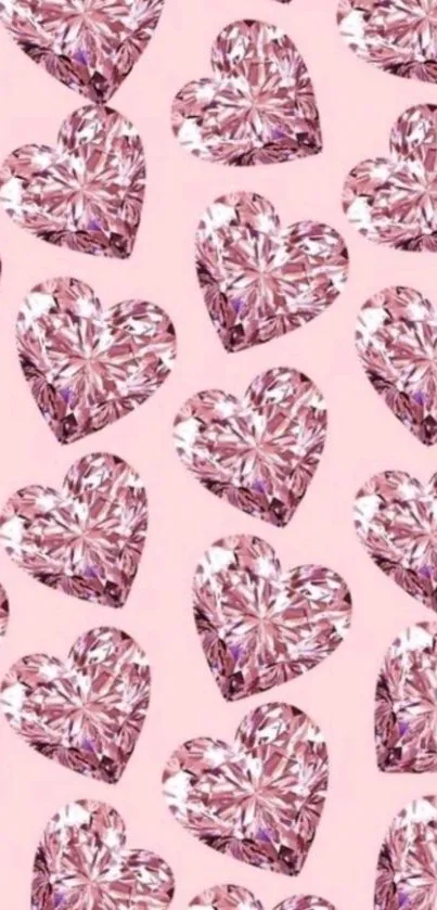 Sparkling pink diamond-shaped hearts on a light pink background wallpaper.