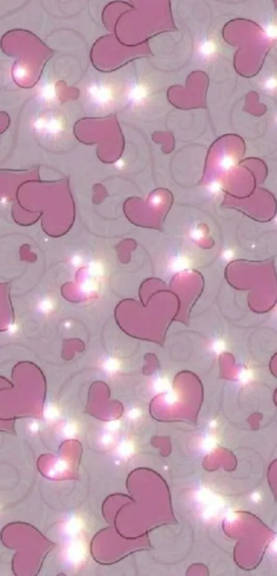 Mobile wallpaper with pink hearts and sparkles.