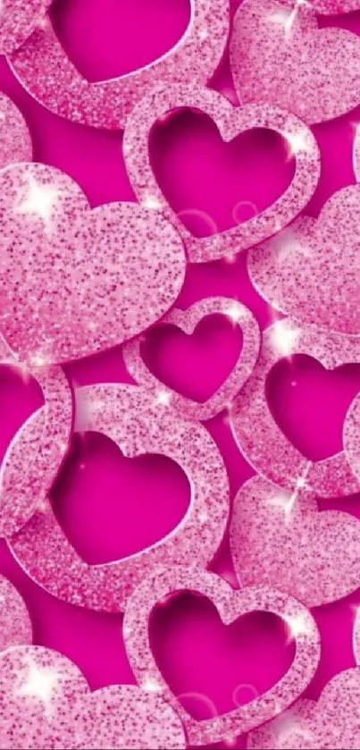 Bright pink glitter hearts wallpaper for mobile devices.