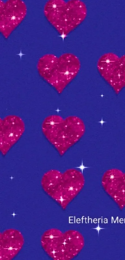 Sparkling pink hearts on a blue background for mobile wallpaper.