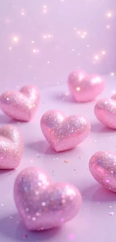 Sparkling pink heart shapes on a soft pastel background.