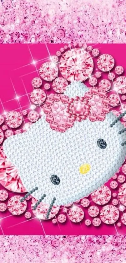 Cute Hello Cat with pink sparkling gemstones on a vibrant background.