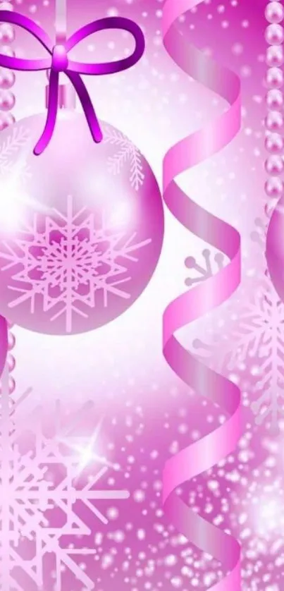 Pink wallpaper with ornaments, ribbons, and snowflakes.