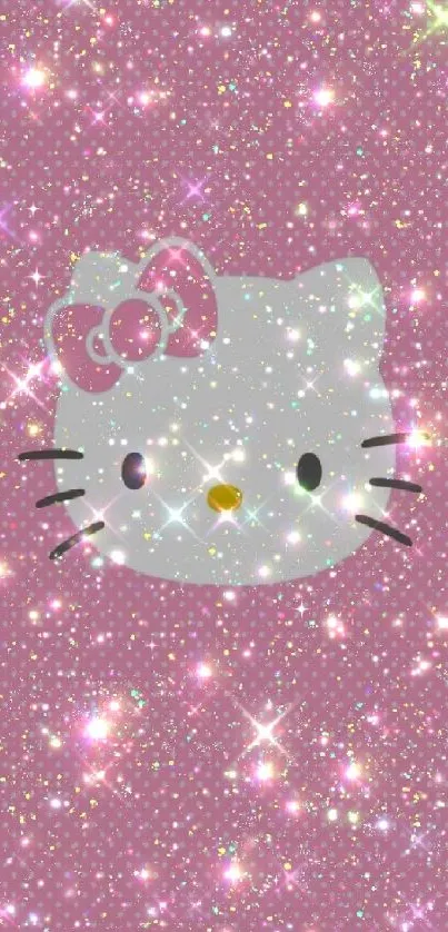 Cute cat face on pink glittery background.