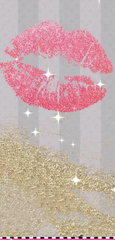 Pink lips and glitter mobile wallpaper with golden sparkle accents.