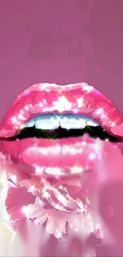 Glittering pink lips with floral sparkle on wallpaper.