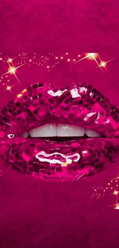 Sparkling magenta lips with glitter on vibrant background.