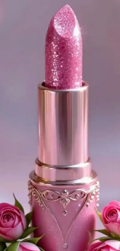 Sparkling pink lipstick with roses and glitter.